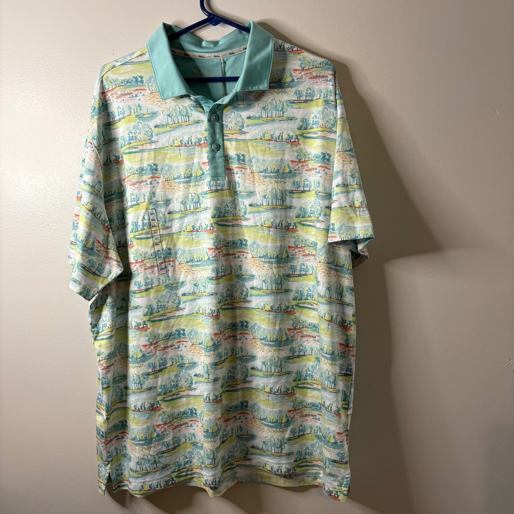 Walter Hagen Mens XXL‎ Golf Polo Shirt Country Club White Green Landscape Print